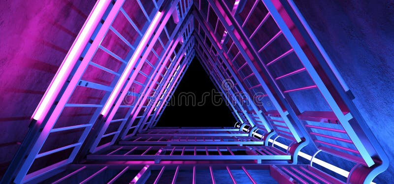 Sci FI Futuristic Elegant Alien Modern Hi Tech Neon Glowing Purple Pink Blue Triangle Metal Structure Corridor Tunnel Grunge royalty free illustration Sci FI Futuristic Elegant Alien Modern Hi Tech Neon Glowing Purple Pink Blue Triangle Metal Structure Corridor Tunnel Grunge royalty free illustration