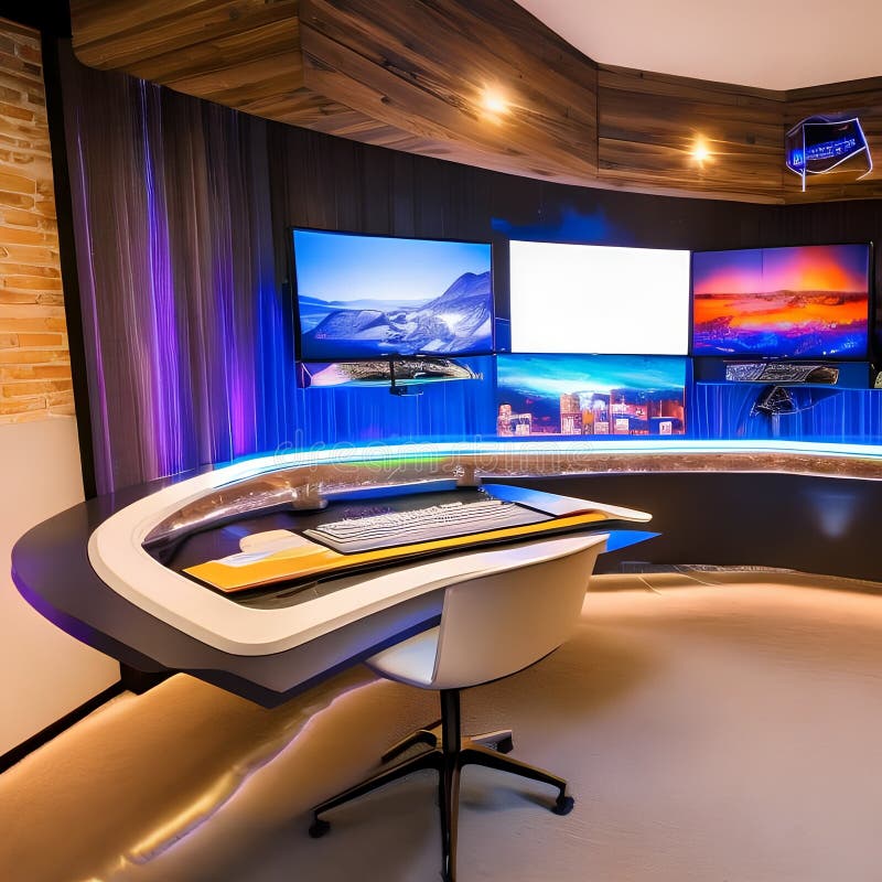 Spectacular gaming room interior, gaming pc, gaming desk, game setup room,  tv, desk for five People, futuristic, LED lights, cyberpunk color.  Generative AI Stock Illustration