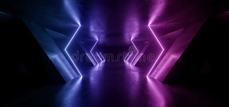 Sci Fi Glowing Neon Lines Tube Illumina Fari Laser Vibranti Viola Futuristici Showroom Concrete Dark Empk Background Tunnel
