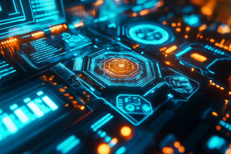 A sci-fi-inspired high-tech control panel with interactive hexagonal touchscreens floating in royalty free stock image