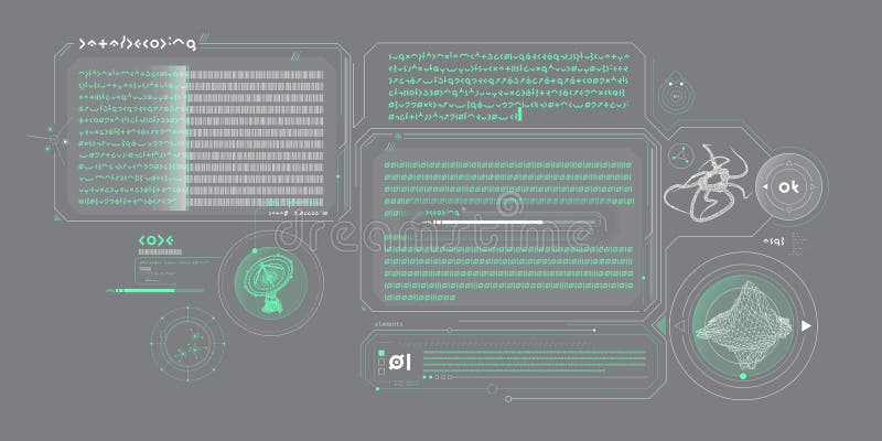 Sci-fi vector interface for scientific research visualization, data processing and communication. Data decoding program vectors