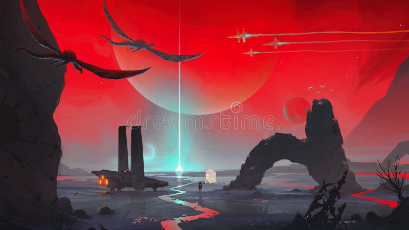 Sci-fi landscape futuristic view with a plane stock illustration