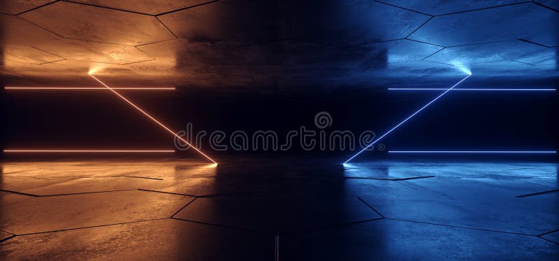 Sci-Fi Neon Glühbirnen Blue Orange Hintergrund Vertikale Laser Gate Lines Floor Lasers Studio Stadium Show Night Retro Futuristic lizenzfreie abbildung