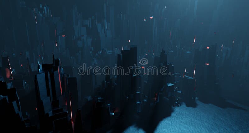 Sci-fi night landscape fantastic city light blue neon glow top view. Surrealistic concept of alien architecture apocalypse. 3D