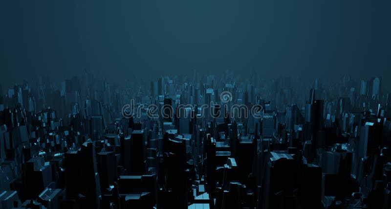 Sci-fi night landscape fantastic empty city light blue neon glow top view. Surreal alien architecture concept. 3D rendering