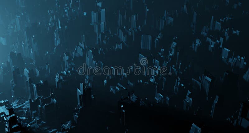 Sci-fi night landscape fantastic empty city light blue neon glow top view. Surreal alien architecture concept. 3D rendering