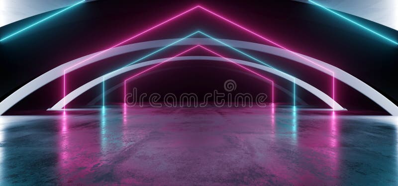 Sci Fi Oval Triangle Arc Spaceship Glowing Neon Viola Viola Viola Futuristica Virtuale Grunge Cemento Cemento Reflective Dark Nig illustrazione di stock Sci Fi Oval Triangle Arc Spaceship Glowing Neon Viola Viola Viola Futuristica Virtuale Grunge Cemento Cemento Reflective Dark Nig illustrazione di stock