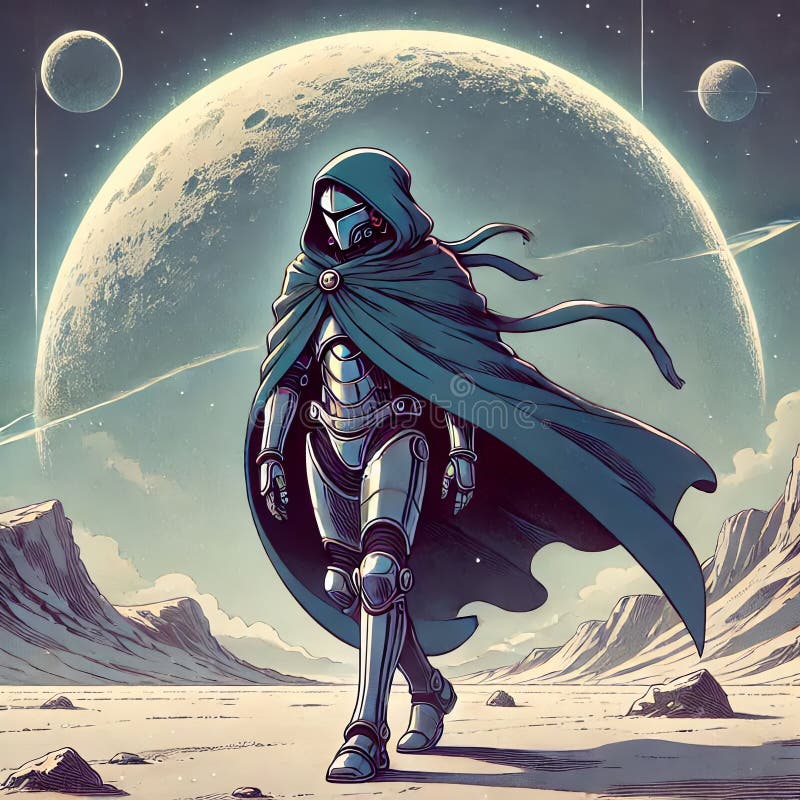 Robot Cloaked in Dunes. Sci-fi robotic nomad journeying across an alien desert.