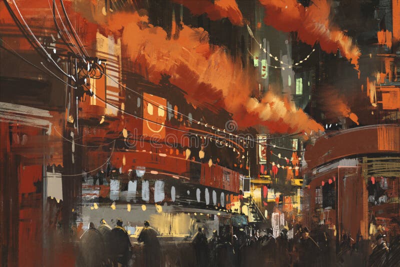 Sci-fi scene showing cyberpunk cityscape vector illustration