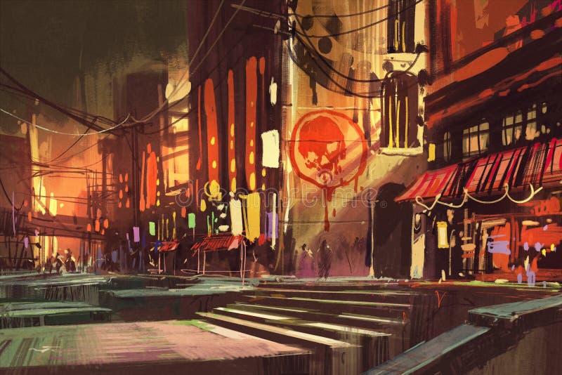 Sci-fi scene showing shopping street,futuristic cityscape