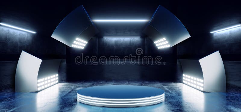 Sci Fi Stage Podium Virtual Classic Blue Glowing Led Laser Lights Spaceship Underground Capsule Room Garage Grunge Concrege illustrazione di stock Sci Fi Stage Podium Virtual Classic Blue Glowing Led Laser Lights Spaceship Underground Capsule Room Garage Grunge Concrege illustrazione di stock