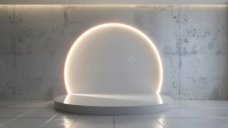 Sci-fi white empty room concept with semi circle glowing neon lighting. Modern rendering 3D shape, Product display stock photography