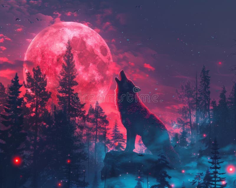 Sci-fi Wolf Howling Under Digital Moon Stock Illustration ...