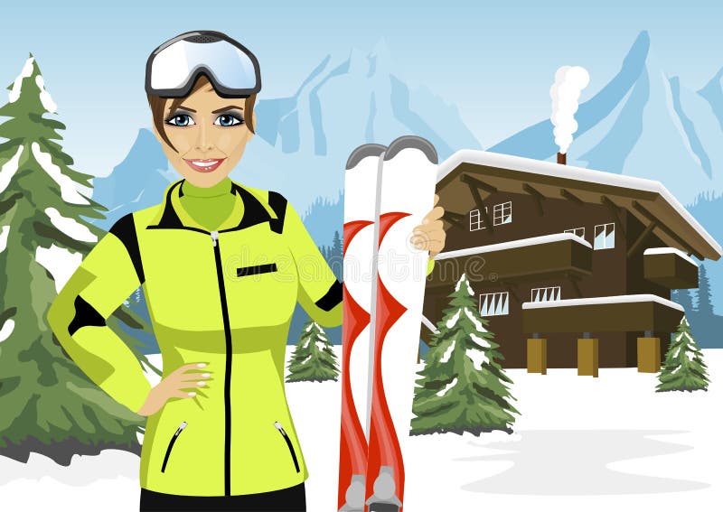 Sciatore femminile della montagna che sta davanti al chalet nella stazione sciistica di inverno illustrazione di stock Sciatore femminile della montagna che sta davanti al chalet nella stazione sciistica di inverno illustrazione di stock
