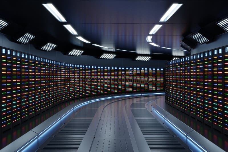Science background fiction interior rendering sci-fi spaceship corridors blue light,Server Room Network with Multi color lights stock illustration