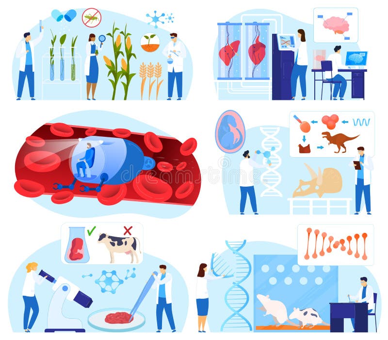 Science biotechnology vector illustration set, cartoon flat tiny scientist characters work, research dna gene isolated stock illustration