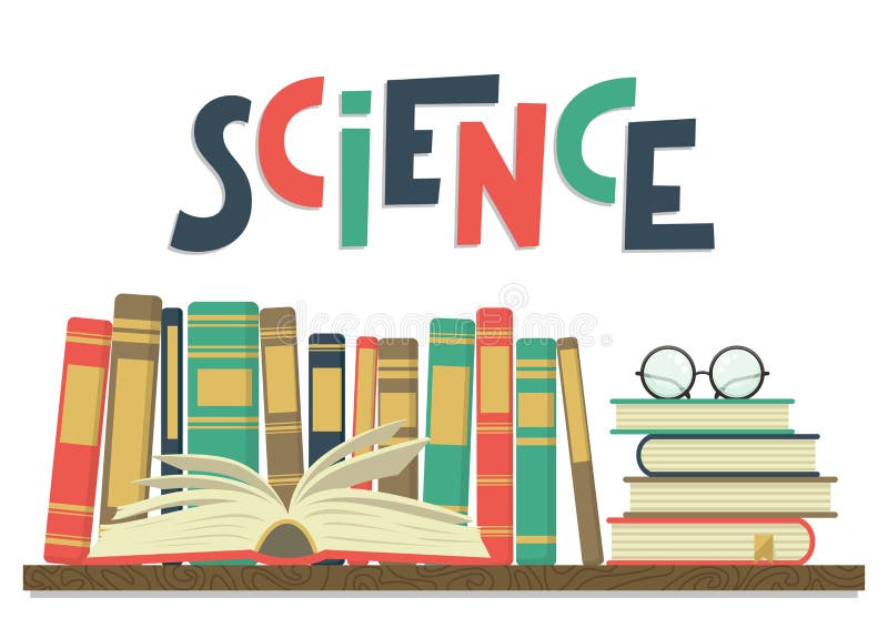 Science. Books on shelf with open book, glasses and lettering on white background. Vector illustration.