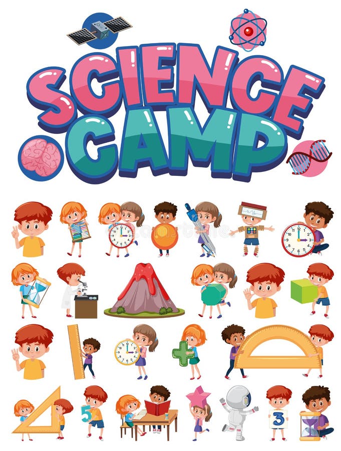 Science Camp Logo and Set of Children with Education Objects Isolated