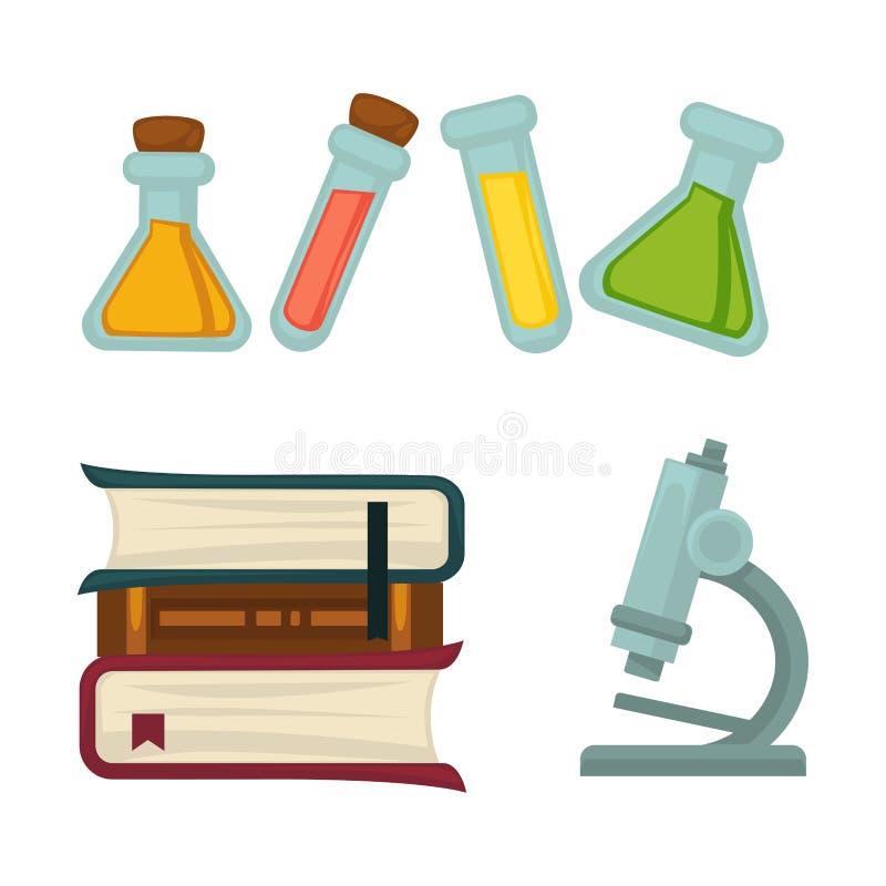 Science chemistry or biology flat icons. Vector isolated set of scientific books, chemical liquids or tests in beaker vials and laboratory research microscope equipment. Science chemistry or biology flat icons. Vector isolated set of scientific books, chemical liquids or tests in beaker vials and laboratory research microscope equipment