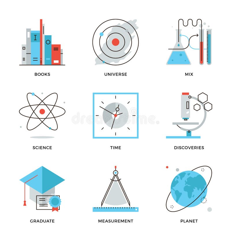 Thin line icons of discovery new things, planet and universe research, science and scientific experiment, books knowledge. Modern flat line design element vector collection logo illustration concept. Thin line icons of discovery new things, planet and universe research, science and scientific experiment, books knowledge. Modern flat line design element vector collection logo illustration concept.