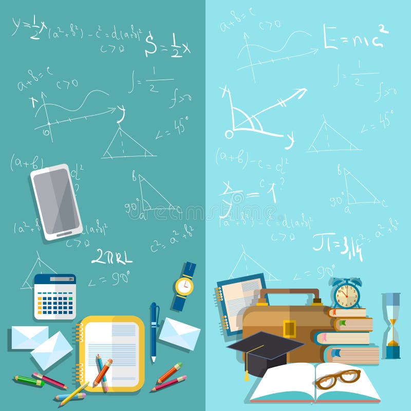 Science and education school board mathematical formulas, table student school university college exams study exercise books pencils vector banners. Science and education school board mathematical formulas, table student school university college exams study exercise books pencils vector banners