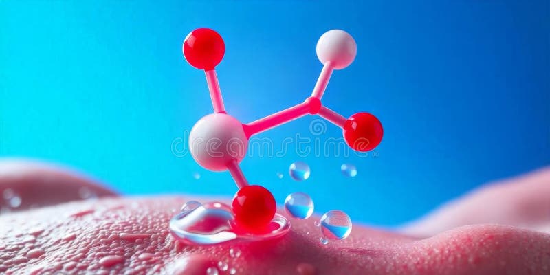 A molecular structure featuring red and white atoms is positioned against a vibrant blue background. Water droplets can be seen, suggesting a laboratory setting and scientific exploration. Structure demonstration stock images, royalty-free photos and pictures