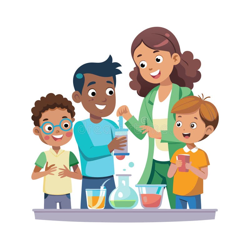 Science Experiment with Teacher and Students: Chemistry, Education, and Learning stock illustration