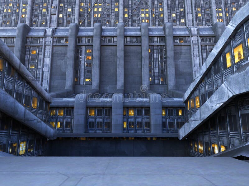 A dark, mysterious city background from the future. The science fiction building and sidewalk make a nice urban futuristic setting. A dark, mysterious city background from the future. The science fiction building and sidewalk make a nice urban futuristic setting.