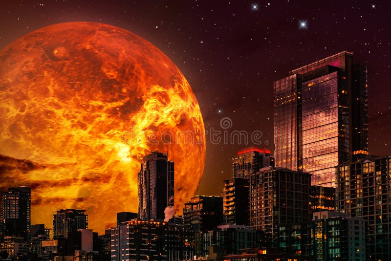 Science fictioncityscapeillustration Horisont på natten med den jätte- planeten eller solen i bakgrunden och en stjärnklar himmel