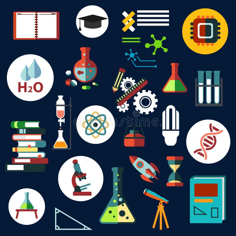 Science and education flat icons with laboratory equipment, books, telescope, microscope, rocket, hourglass, light bulb, atom and dna models, water, notes, gears, processor and graduation cap. Science and education flat icons with laboratory equipment, books, telescope, microscope, rocket, hourglass, light bulb, atom and dna models, water, notes, gears, processor and graduation cap