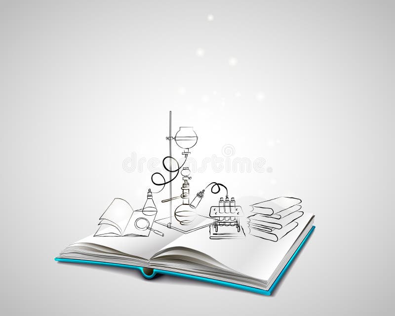 Open book with a blue cover. Science icons doodles Chemical Laboratory. A stack of books. Education, research, experiments. The book is about chemistry.
