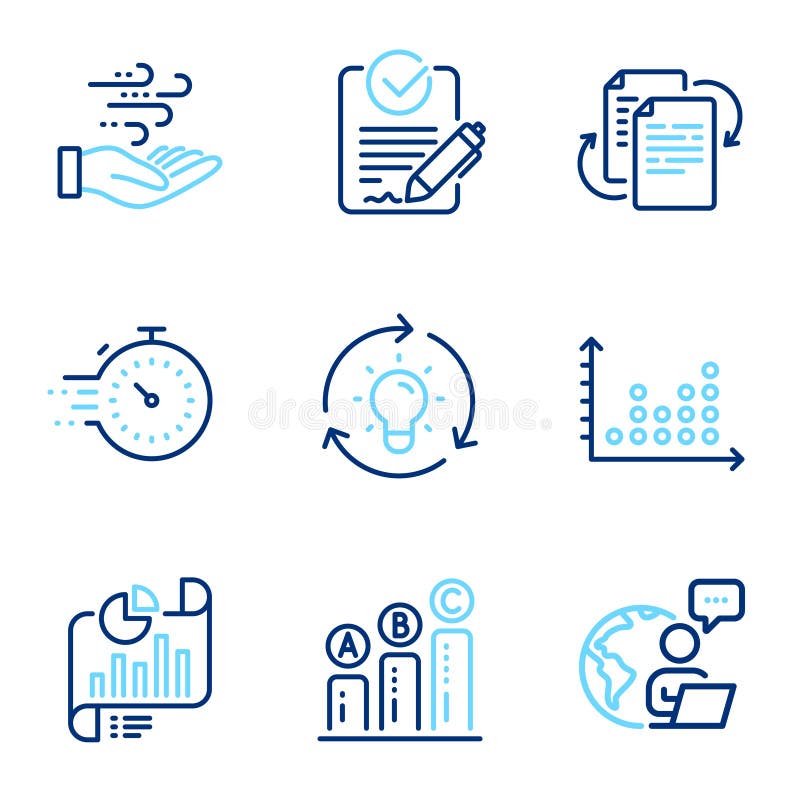 Science icons set. Included icon as Report document, Graph chart, Bureaucracy signs. Vector stock illustration