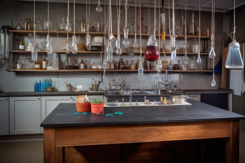 A Science Lab, with Beakers and Flasks on a Bench and Test Tubes
