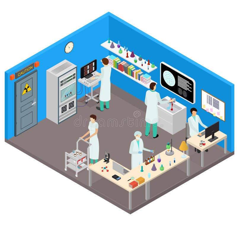 Science Lab Interior with Furniture Isometric View. Vector