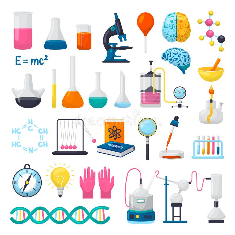Science and laboratory equipment icons set of vector illustrations. Flasks, beakers, microscope and pipette, chemical