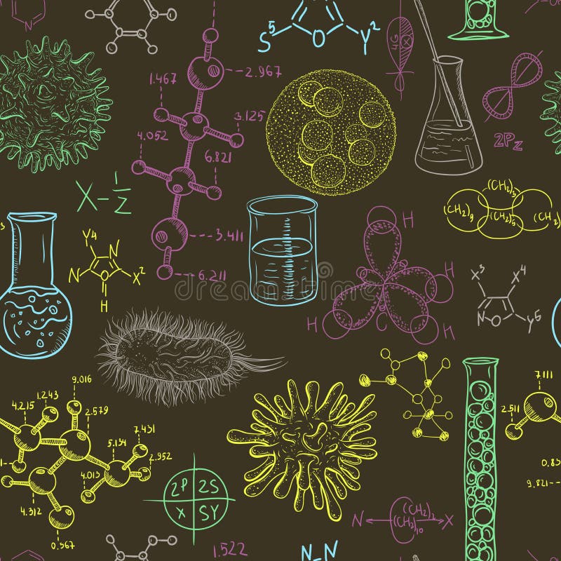 Science laboratory seamless pattern with microbes and viruses. Vintage design set. stock illustration Science laboratory seamless pattern with microbes and viruses. Vintage design set. stock illustration