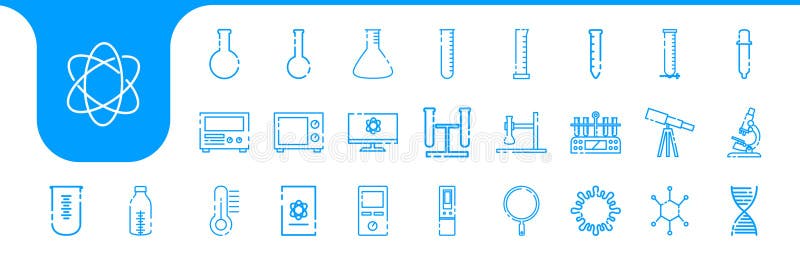 Science laboratory tools line icons set collection design vector. Erlenmeyer flask burette illustrations