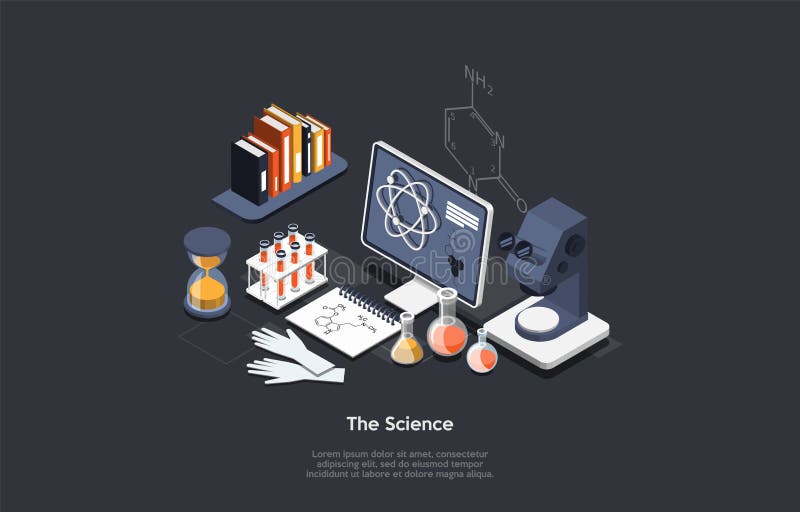 Science Related Objects On Dark Background. Scientist Concept Vector Illustration In Cartoon 3D Style. Isometric Composition With Laboratory Desktop Items Computer, Microscope, Tubes, Books, Gloves.