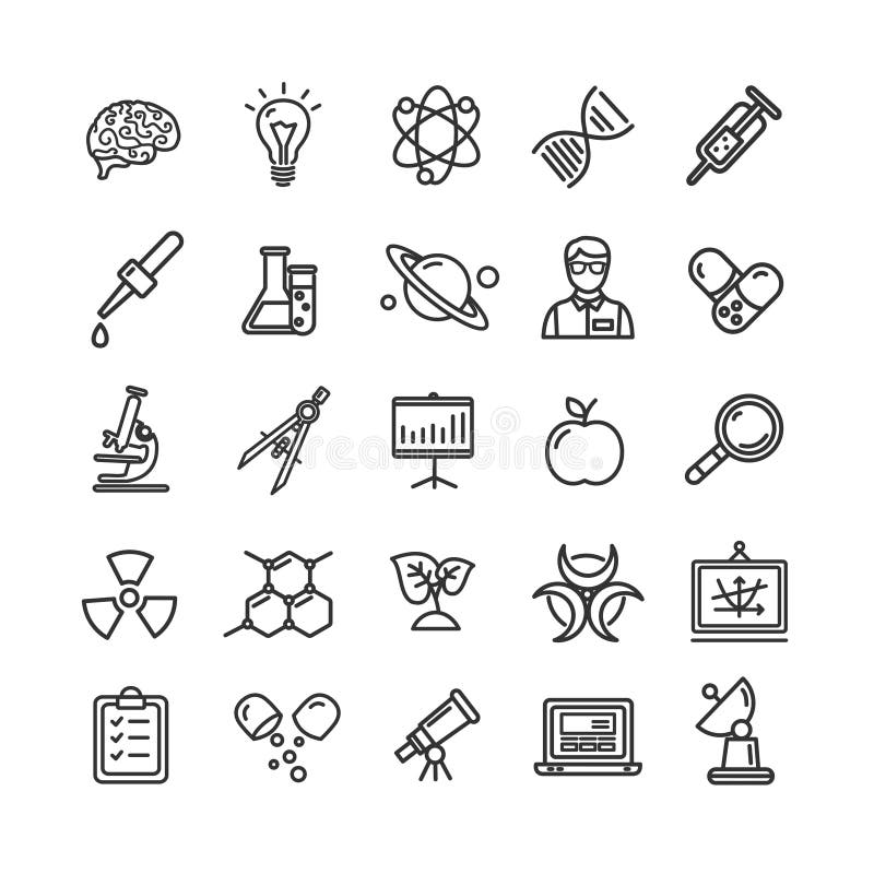 Science Research Thin Line Icon Set Like Microscope, Magnifier, Light Bulb Idea. stock illustration