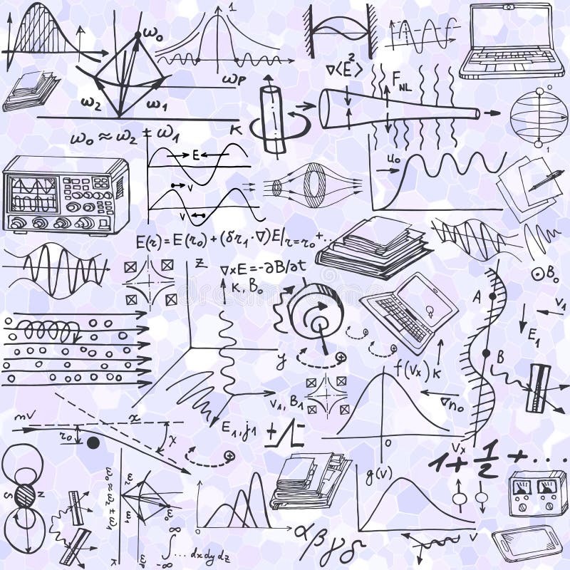 Science seamless pattern with sketch elements related to physics of plasma and electromagnetic waves. Vector background with parts of decorative basic science formulas, graphs, books, computers. Hand drawn.