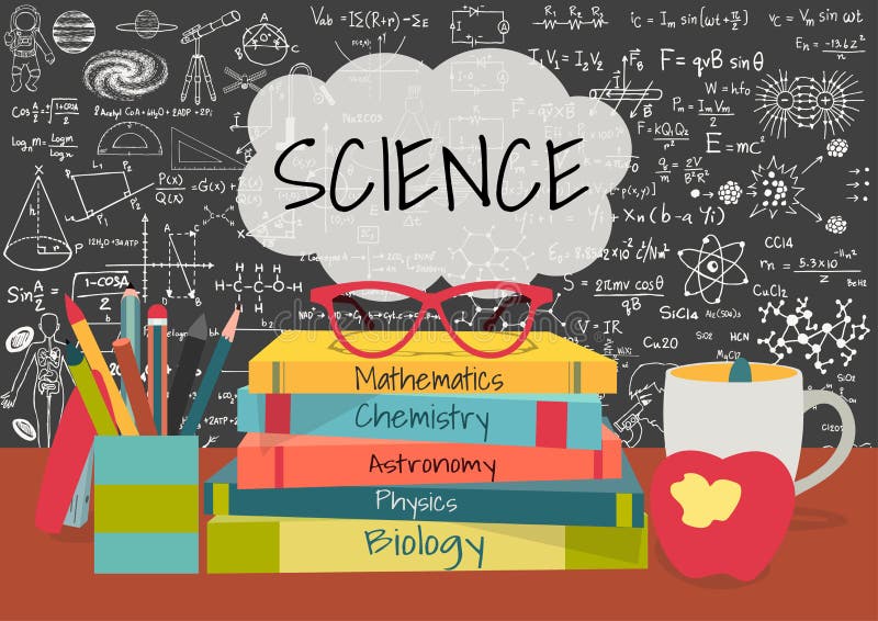 SCIENCE in speech bubbles above science books, pens box, apple and mug with science doodles on chalkboard background