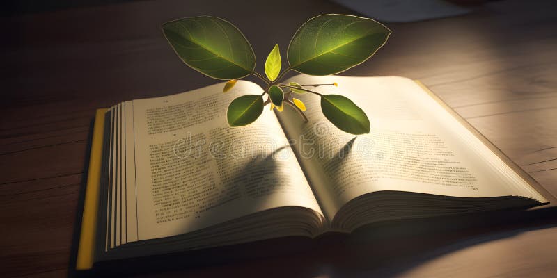 A science textbook open to a chapter on photosynthesis two created with generative AI stock illustration