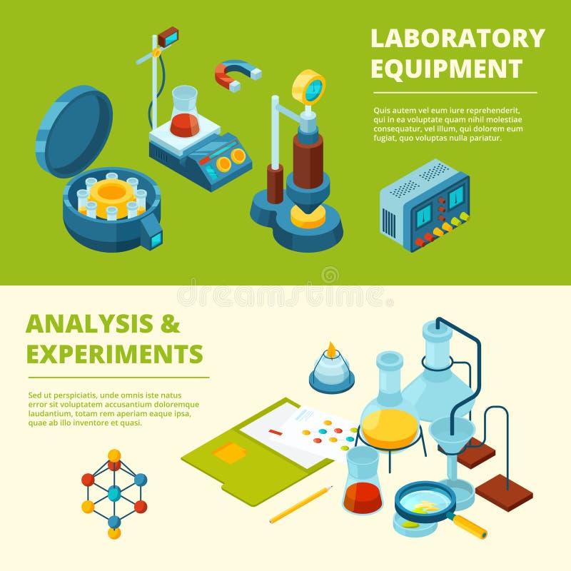 Scientific banners. Medical or chemical experiment laboratory room and equipment vector isometric pictures