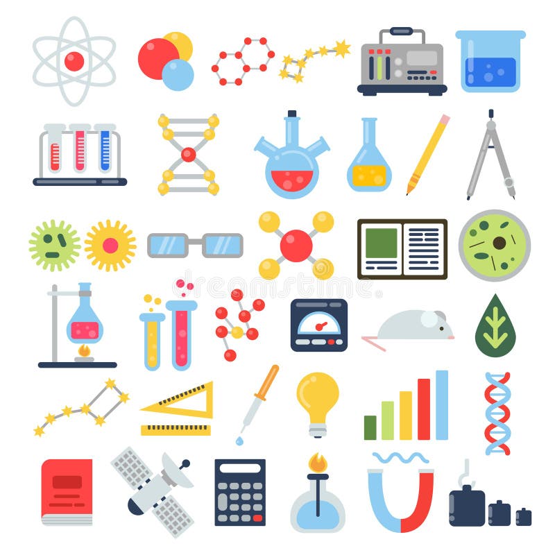 Scientific equipment for chemical testing. Science vector icon set stock illustration Scientific equipment for chemical testing. Science vector icon set stock illustration