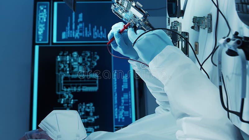 Scientific laboratory filled with various research equipment. Scientists are conducting experiments and research stock footage