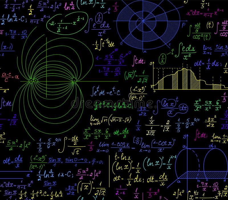 Scientific math vector seamless background with multicolored handwritten figures, formulas and calculations vector illustration