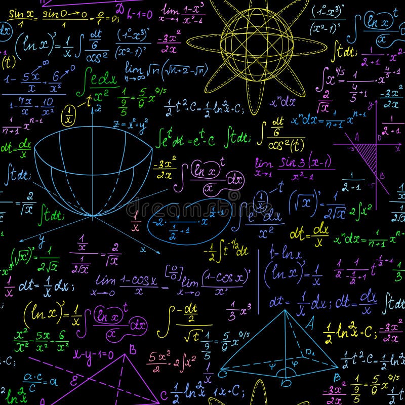 Scientific math vector seamless background with multicolored handwritten figures, formulas and calculations royalty free illustration