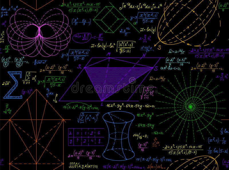Scientific math vector seamless pattern with multicolored handwritten figures, formulas and calculations vector illustration
