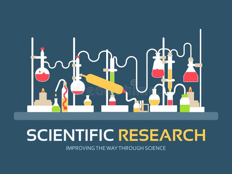 Scientific research in flat design background concept. laboratory equipment supplies with chemistry tools. Icons for your product stock illustration Scientific research in flat design background concept. laboratory equipment supplies with chemistry tools. Icons for your product stock illustration