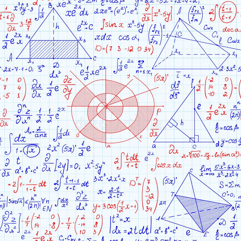 Scientific vector seamless pattern with mathematical and physical formulas, plots and calculations, different colors stock illustration